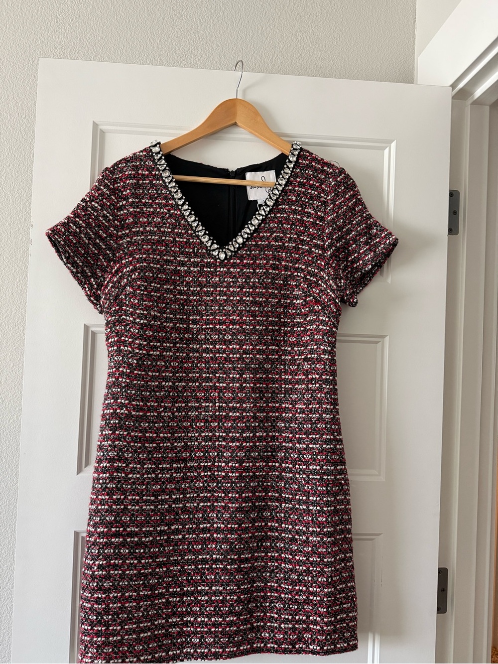 Sam Edelman V-Neck Tweed Shift Dress in Burgundy